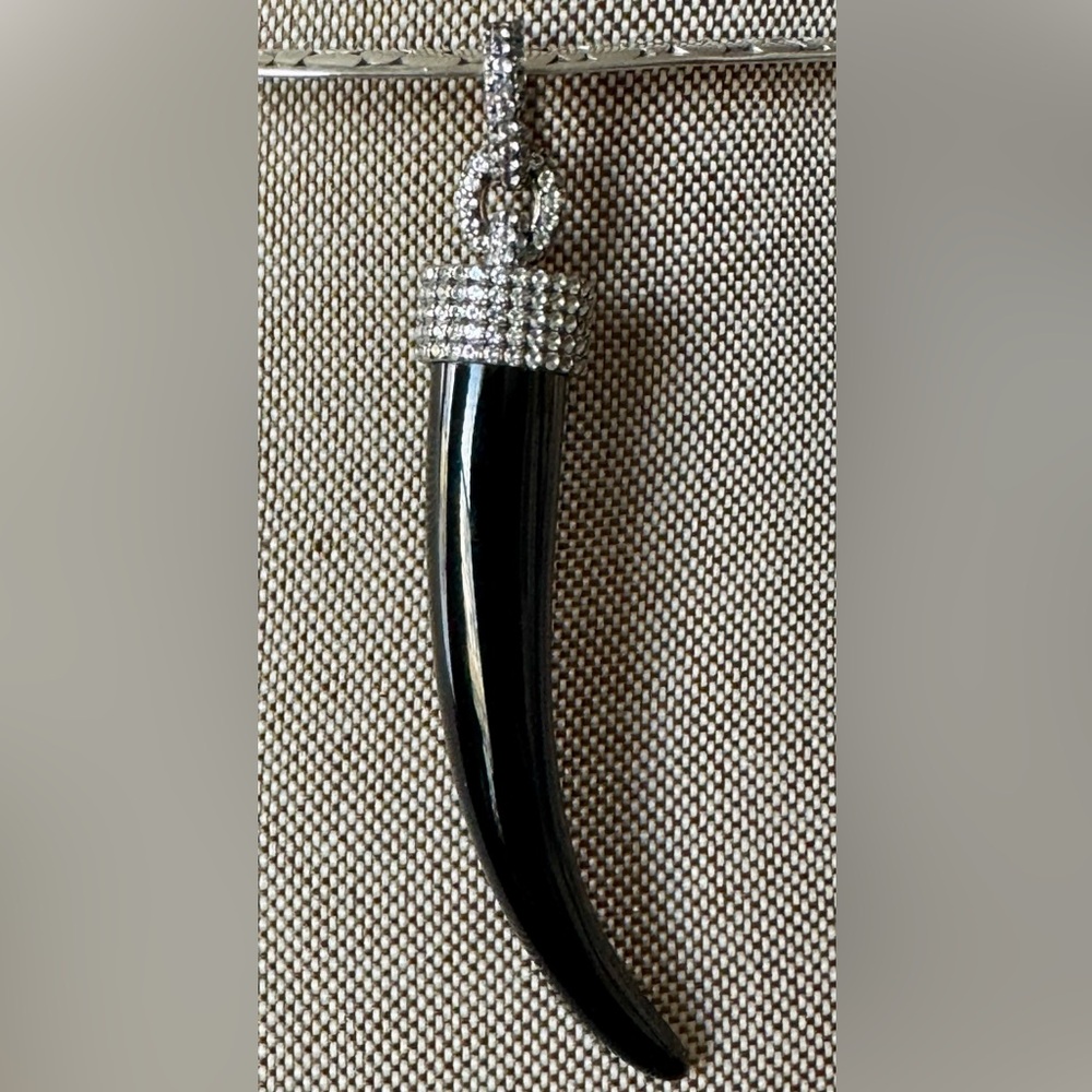 Designer Silver Black Onyx Horn Tusk Pendant Black and Encrusted CZ Bail 3”